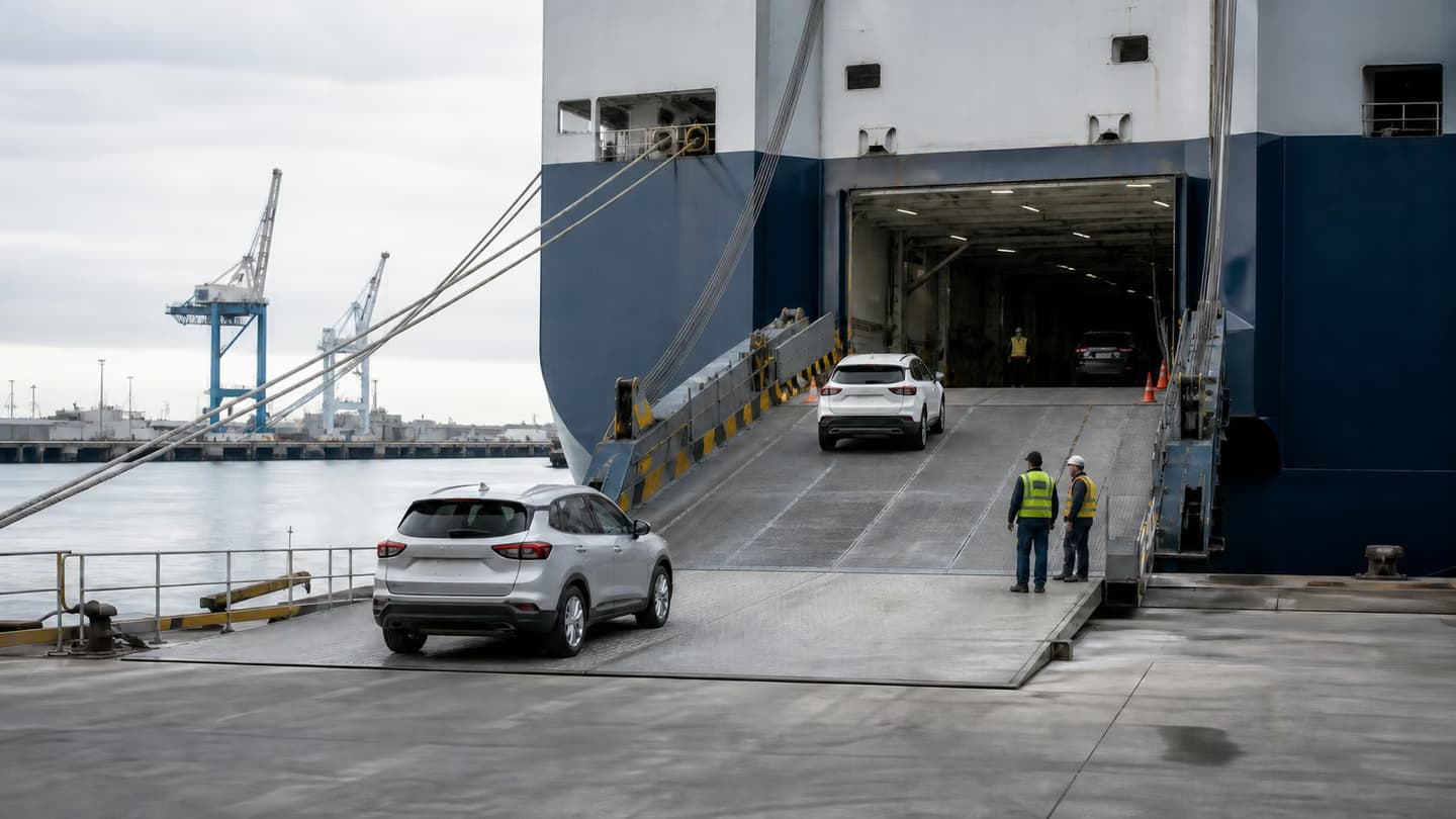Vehicles entering a transport vessel at a port
